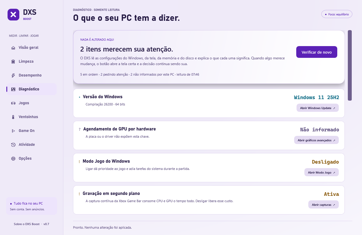 O DXS Boost no tema claro.