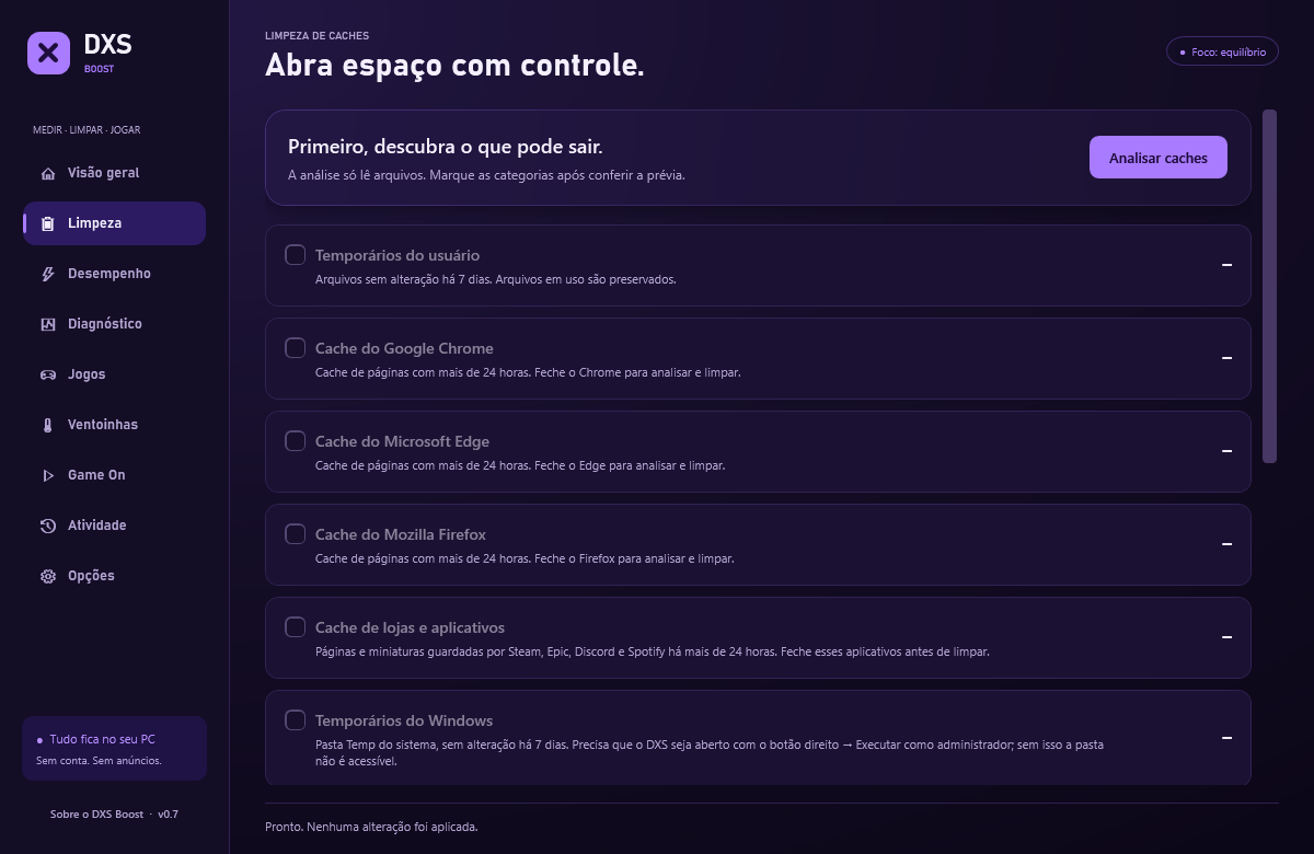 Aba Limpeza do DXS Boost.