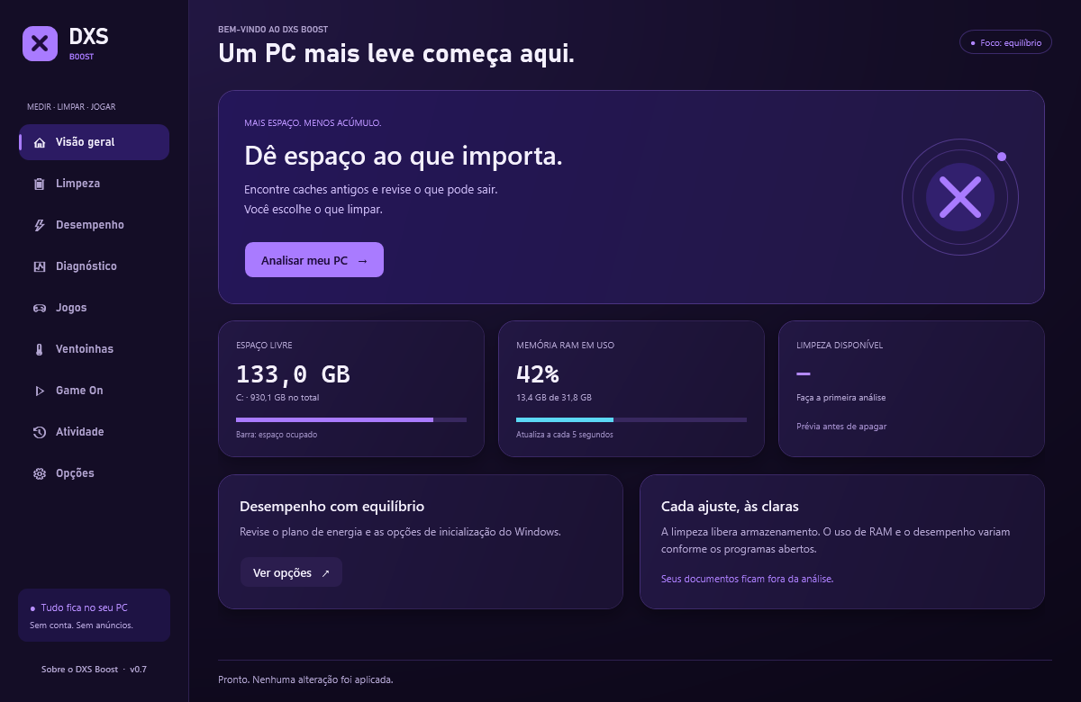 Tela de visão geral do DXS Boost, com espaço livre em disco, memória RAM em uso e limpeza disponível.
